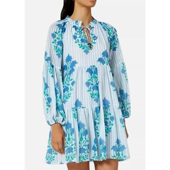 Oliphant Tuckernuck Balloon Sleeve Flirty Short Jaipur Blue Stripe Cotton Dress - Picture 1 of 7